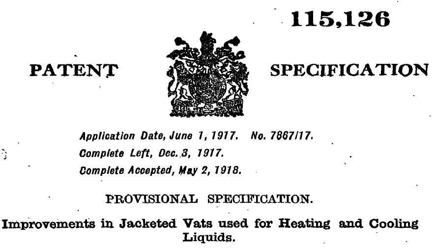 1917 - GB115126A - Improvements in Jacketed Vats used for Heating and Cooling Liquids